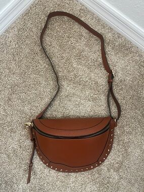 Amazon Brown Studded Crossbody Saddle Bag with Gold Hardware